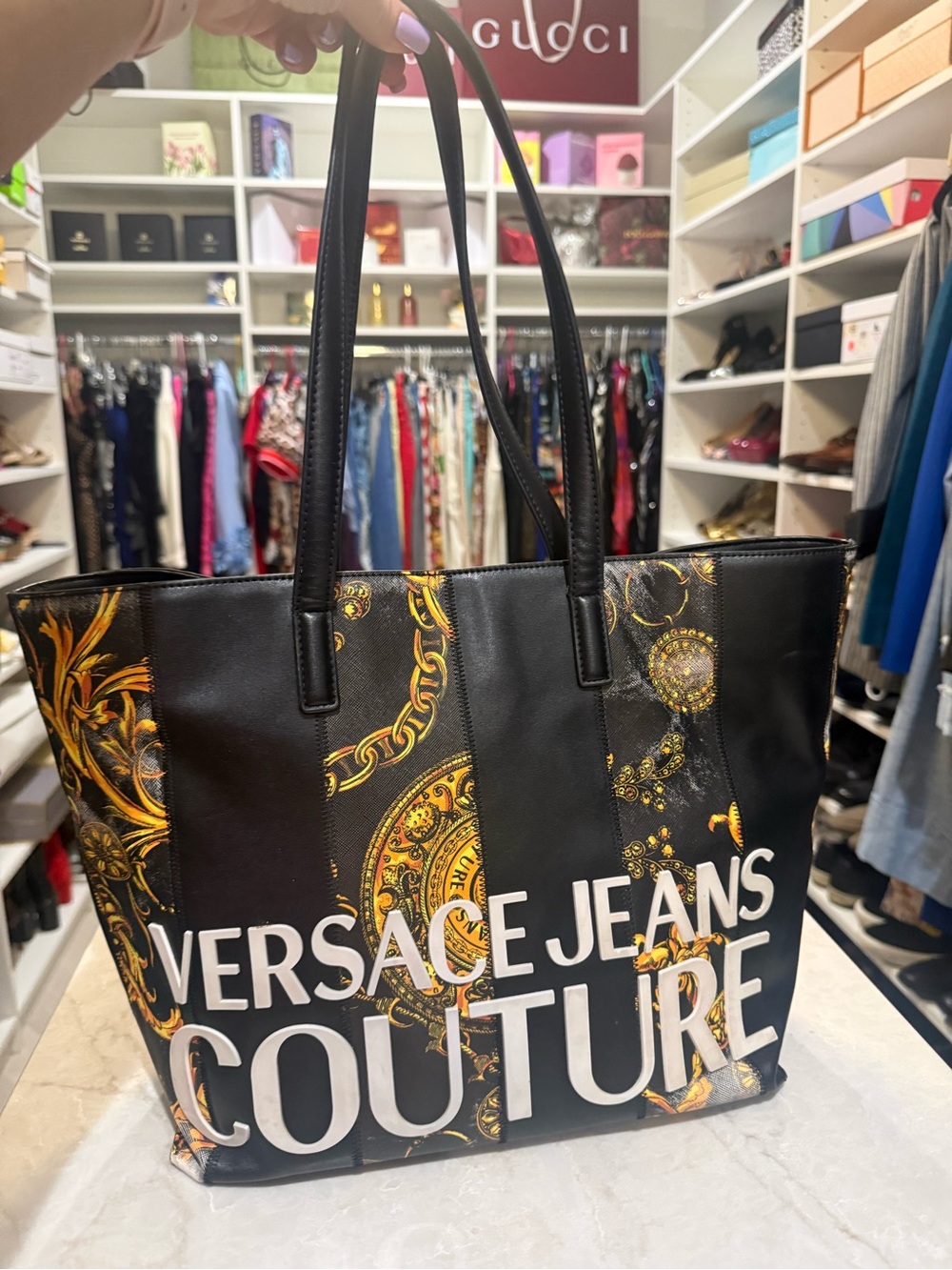 Versace JeansCouture
Baroque Stripe distressed Patchwork Pu 
 Tote Bag Pouch EUC
